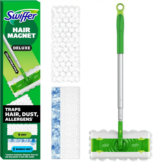 Swiffer Hair Magnet Deluxe Starter Kit with Collapsible Pole, 9 Hair Magnet Dry Cloths, 2 Bonus Mop & Go Wet Cloths