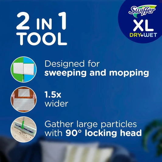 Swiffer Sweep + Mop XL, Broom & Mop Alternative, Floor Cleaner for Dirt, Dust, Hair, All Purpose Cleaning Tool for Home, Bathroom, Kitchen, Set Includes 1 XL Sweeper 8 XL Dry Pads 2 XL Wet Pads Fresh